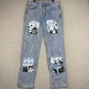 Mens Anime Graphic Upcycled Distressed Light Washed Faded Jeans Blue 32x34